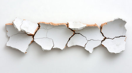 Cracked white wall with hole isolated on white background, top view