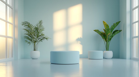 3d rendering of minimal scene with podium and potted plants.の写真素材