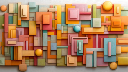 Colorful geometric shapes on a wooden background. 3d rendering.の写真素材