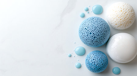 Blue bath bombs on white background, top view. Space for text