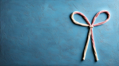 Candy canes on blue background, top view. Space for textの写真素材