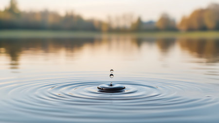 Water drop falling on the surface of the water with a blurred backgroundの写真素材