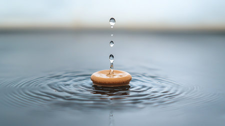 Drop of water falling on a round biscuit in the water.の写真素材