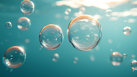 Bubbles in blue water, abstract background, 3d renderの写真素材