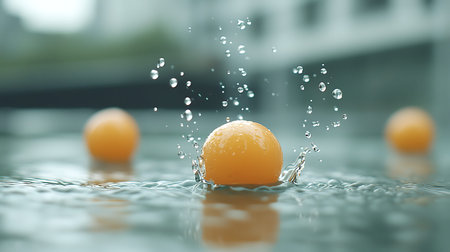 Citrus fruits falling into the water with splashes and dropsの写真素材