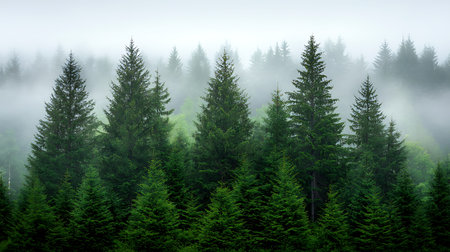 Foggy morning in the coniferous forest with fir trees.