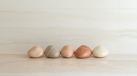 Eggs on the marble countertop with white wall background.の写真素材