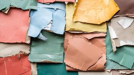 Pieces of torn paper on a wall as a background texture.の写真素材