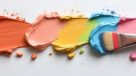 Different colors of oil paint and brush on white background, closeupの写真素材