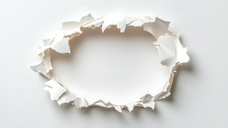 Hole ripped in paper on white background, space for your messageの写真素材