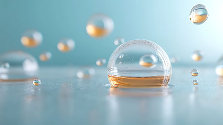 Transparent glass sphere with water drops on blue background. 3D rendering