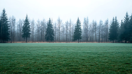 Morning fog in the forest. Trees and grass in the foreground.