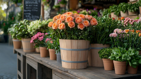 Flowers in pots on the counter of a flower shop in Parisの写真素材