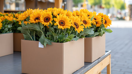 Sunflowers in a cardboard box on a bench in the streetの写真素材