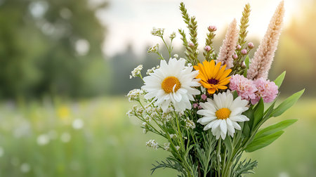 Bouquet of wildflowers on a background of green grassの写真素材