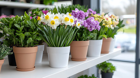 Variety of spring flowers in pots on the shelf in the flower shopの写真素材