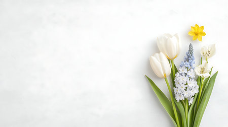 Spring flowers on white background. Flat lay, top view, copy spaceの写真素材