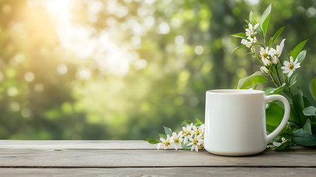 White cup of coffee with spring flowers on wooden table with bokeh backgroundの写真素材