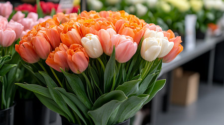 Bouquet of colorful tulips for sale at a flower shopの写真素材