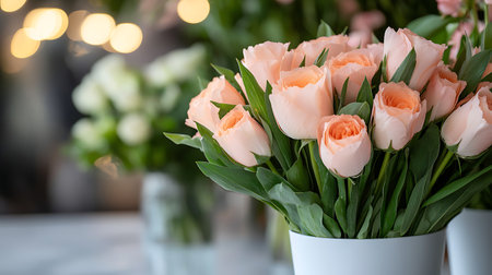 Bouquet of pink roses in a vase on the tableの写真素材