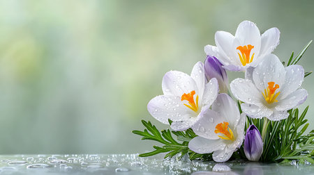 Beautiful crocus flowers with water drops on bokeh backgroundの写真素材