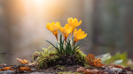 Yellow crocuses in the forest. Early spring. Symbol of peace and joy.の写真素材