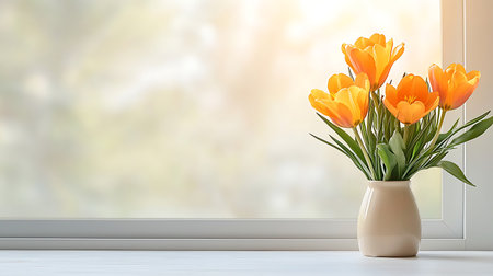 Bouquet of orange tulips in a vase on the windowsillの写真素材