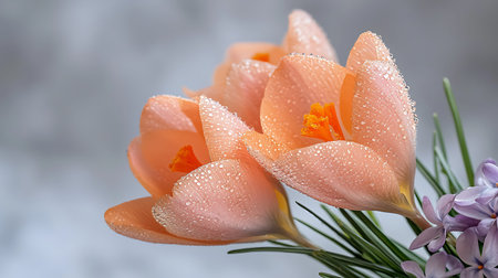 Bouquet of crocuses with water drops on a gray background