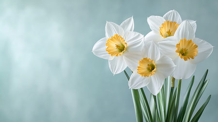 White daffodils on a blue background with space for text