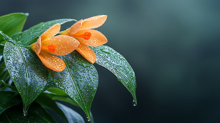 Beautiful orange flower with water drops on green leaves, close upの写真素材