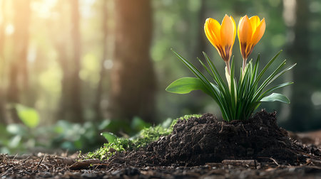 Yellow crocus flower growing in the soil. Spring and nature concept.の写真素材