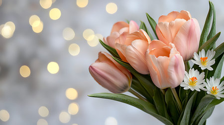 Bouquet of pink tulips on a bokeh backgroundの写真素材