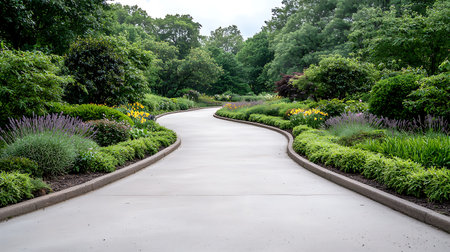 Pathway in the park with flowerbeds and trees in the backgroundの写真素材
