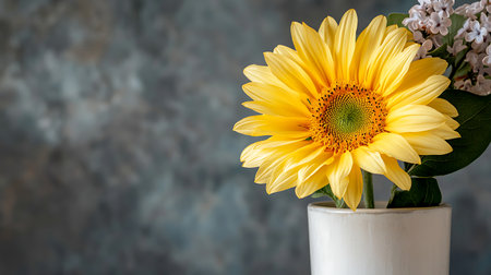 Sunflower in a vase on a gray background with copy spaceの写真素材