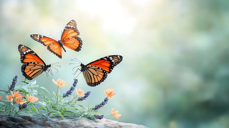 Beautiful butterfly on flower in nature background with copy space for textの写真素材