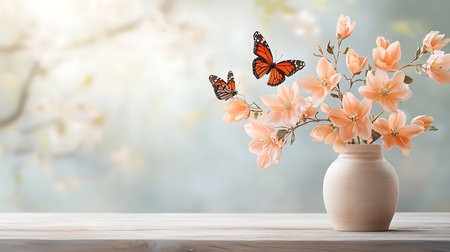 Spring flowers in vase with butterfly on wooden table over blurred nature background.の写真素材