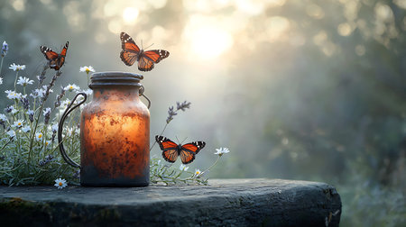 Butterflies in a jar with daisies on the backgroundの写真素材