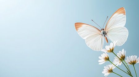 butterfly and white daisies on blue background with copy spaceの写真素材