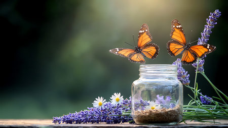 Lavender flowers in glass jar with butterfly on nature background.の写真素材