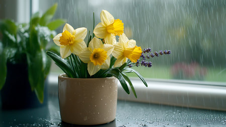 Yellow daffodils in a vase on the windowsill