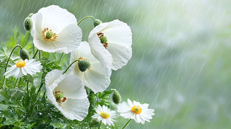 White poppies and daisies on a background of rainの写真素材
