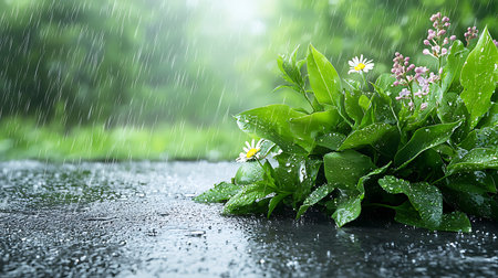 Green grass and flowers in the rain on a wet glass surface.