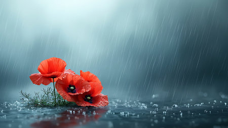 Red poppies in the rain on a dark background. 3d renderingの写真素材