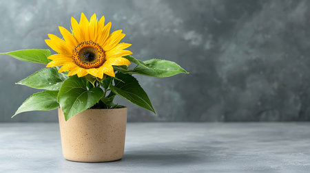 Sunflower in a pot on a gray concrete background. Copy space.の写真素材