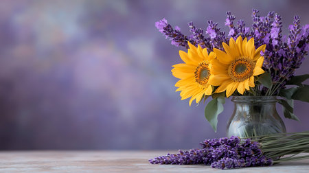 Bouquet of sunflowers and lavender in a vase on a wooden tableの写真素材