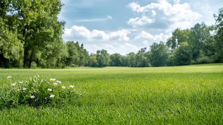 Green meadow with daisies and trees in the background.