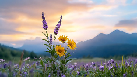 Sunflowers and Lavender flowers in the mountains at sunset.の写真素材