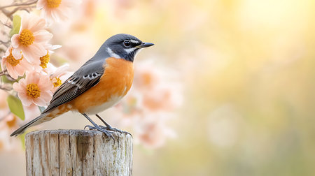 Bird on the fence with beautiful spring blossom and copy space.の写真素材
