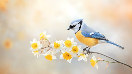 Blue tit bird on a branch with daffodils.