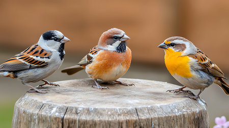 Three sparrows sitting on a wooden stump in the garden.の写真素材